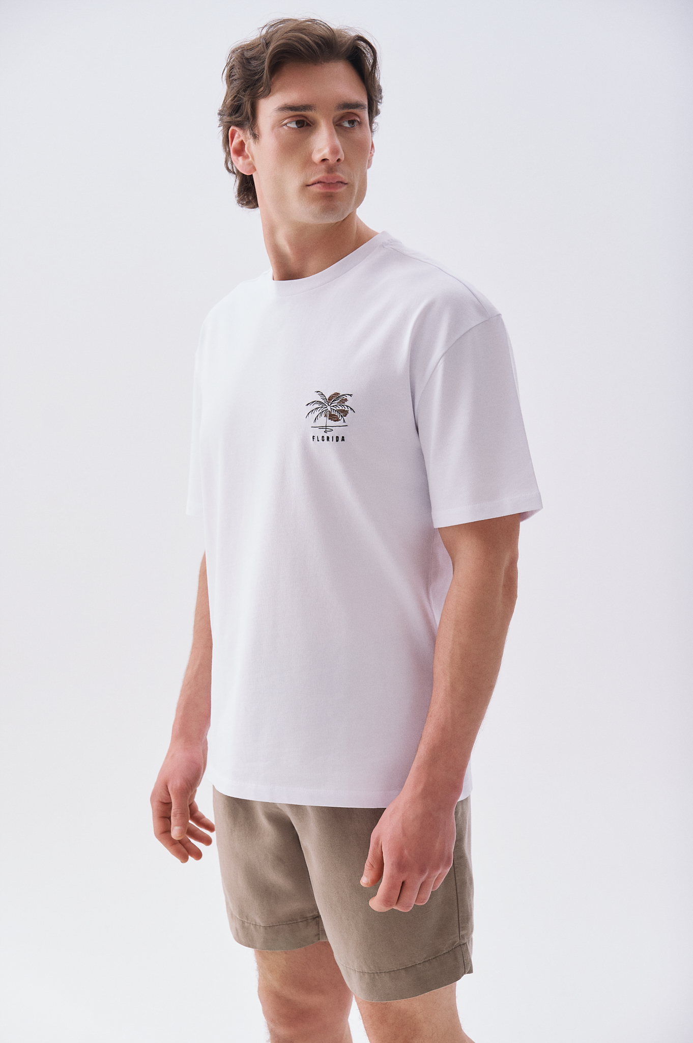 Erkek Beyaz Baskılı Oversize Bisiklet Yaka T-Shirt