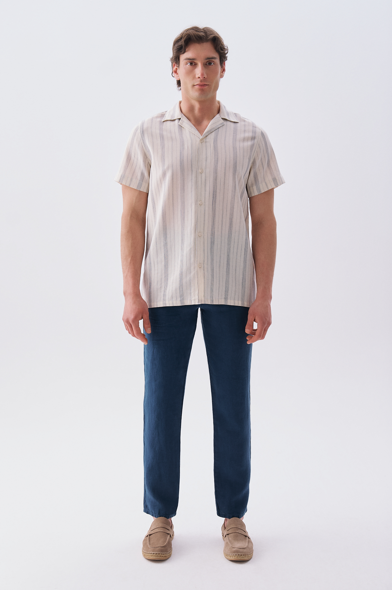 Erkek İndigo Straight Fit Keten Pantolon