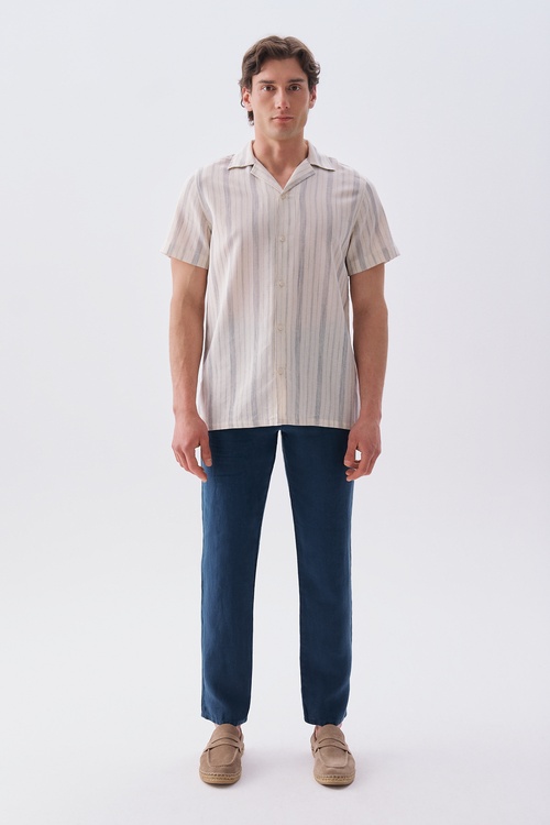  Erkek İndigo Straight Fit Keten Pantolon