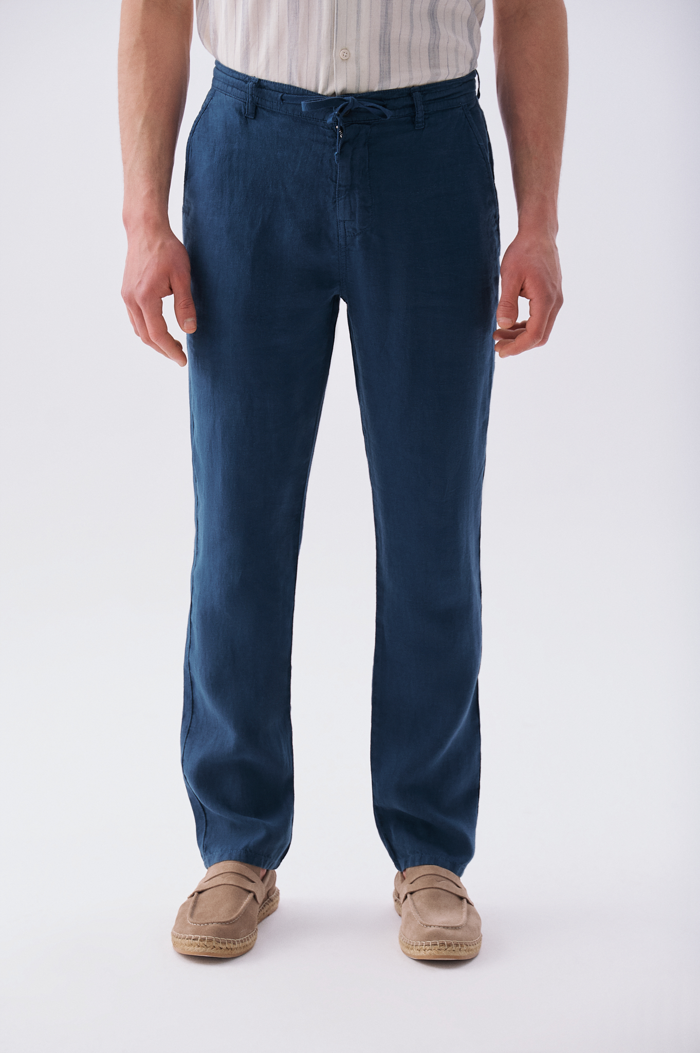 Erkek İndigo Straight Fit Keten Pantolon