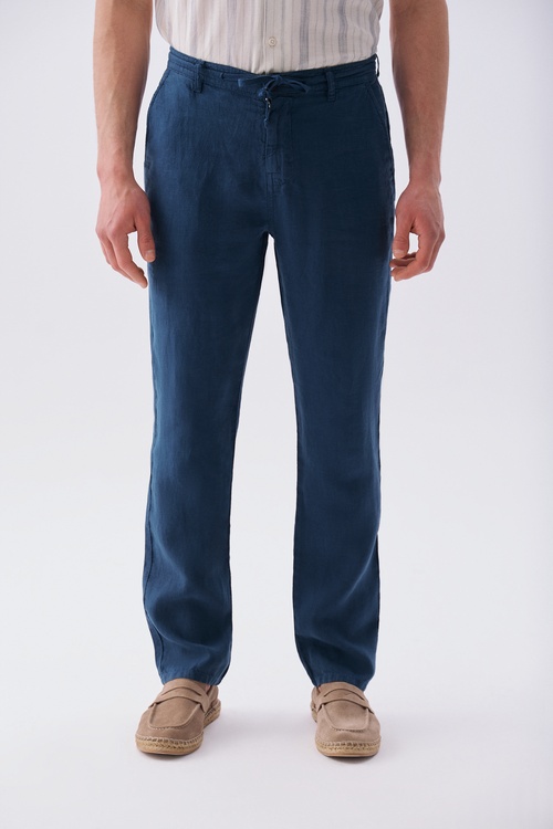  Erkek İndigo Straight Fit Keten Pantolon
