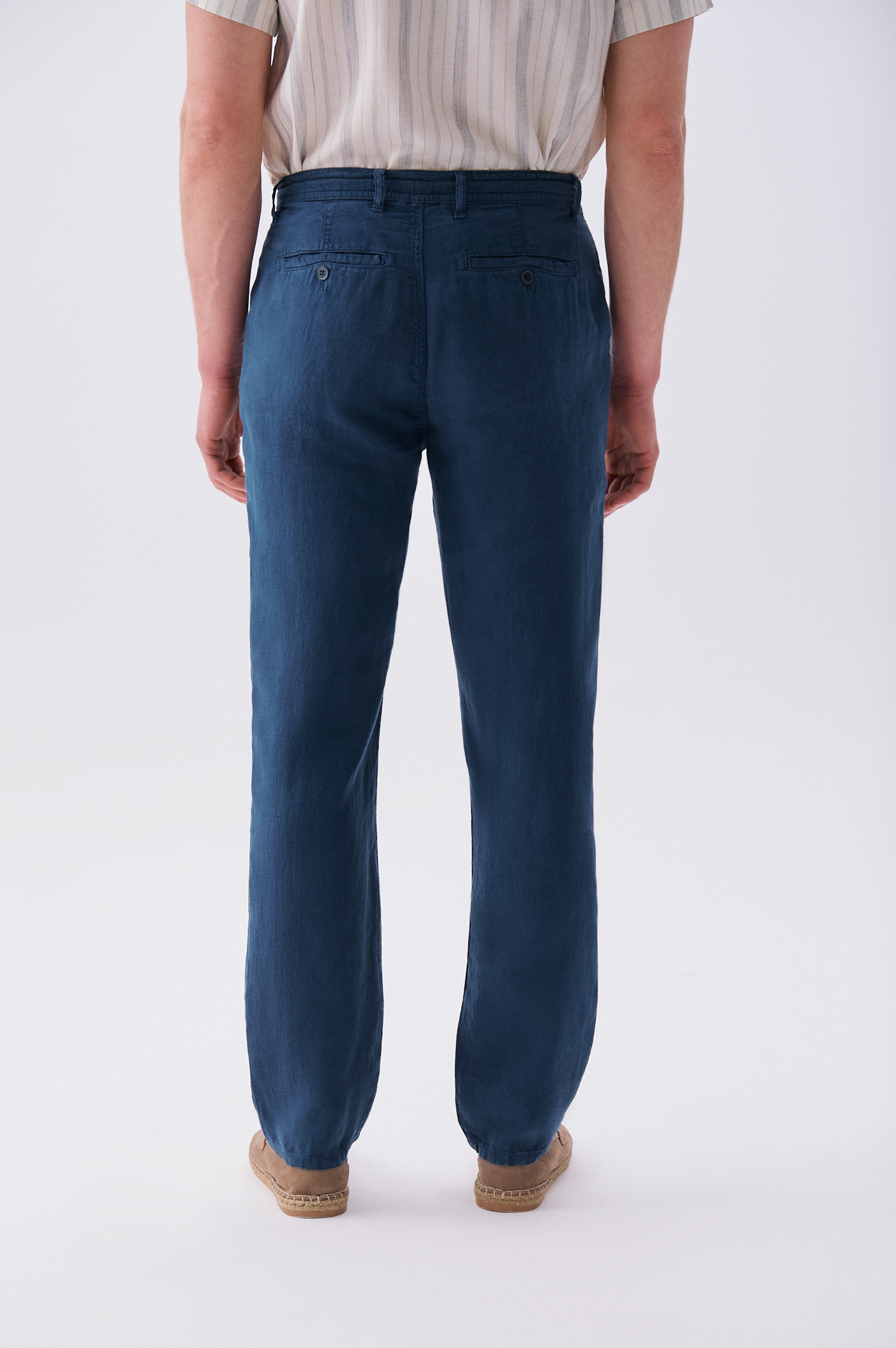 Erkek İndigo Straight Fit Keten Pantolon