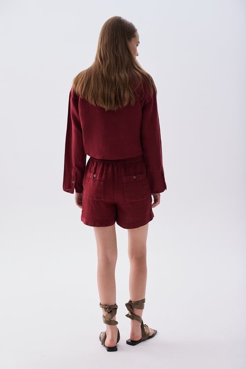 Kadın Bordo Oversize Resort Yaka Keten Gömlek