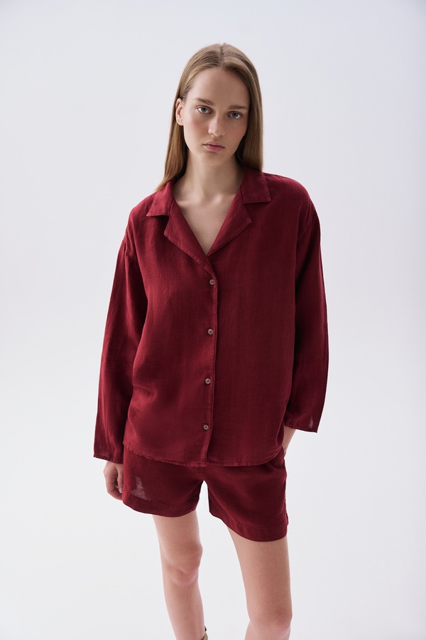 Kadın Bordo Oversize Resort Yaka Keten Gömlek