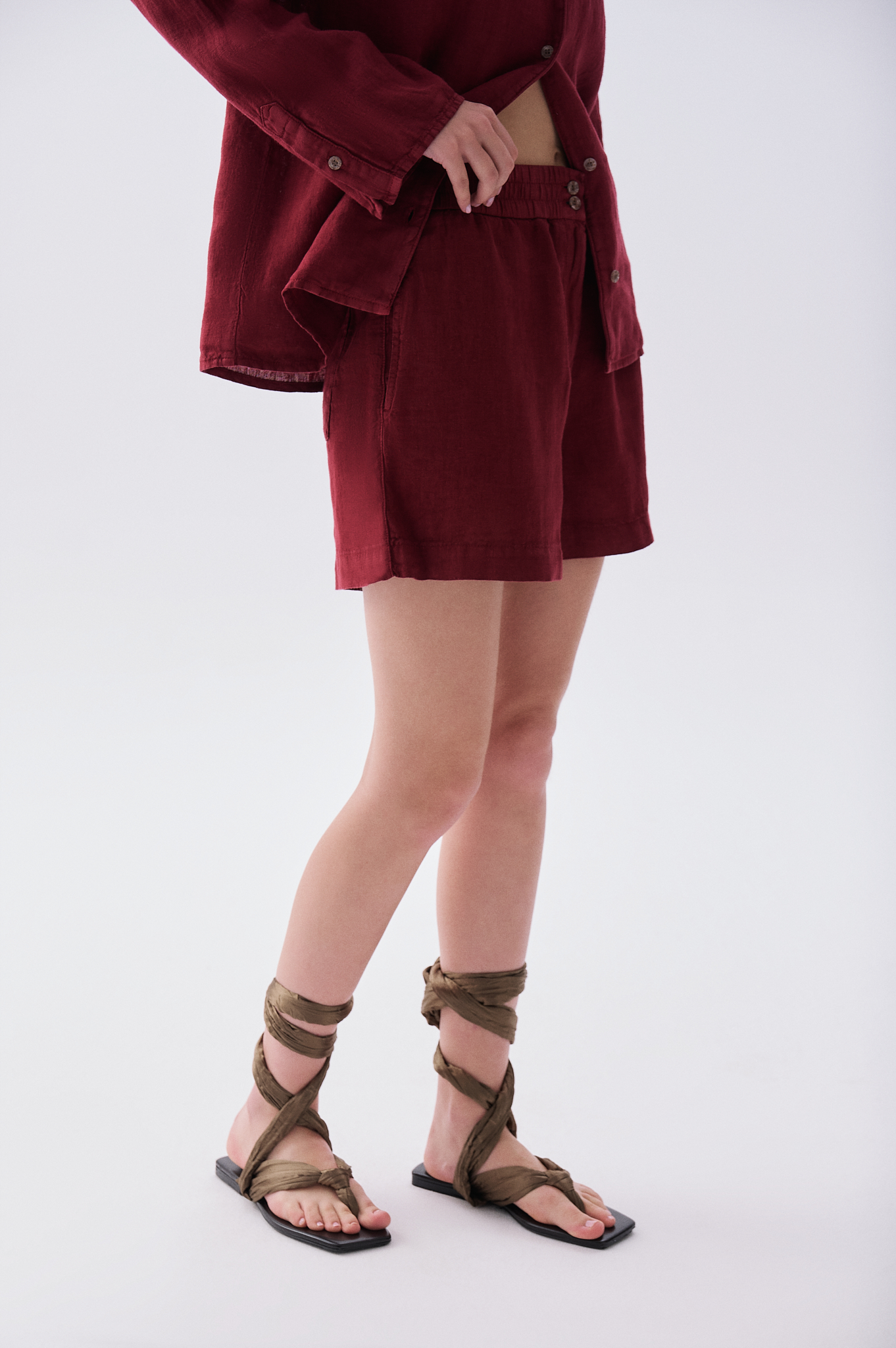 Kadın Bordo Relax Fit Keten Şort