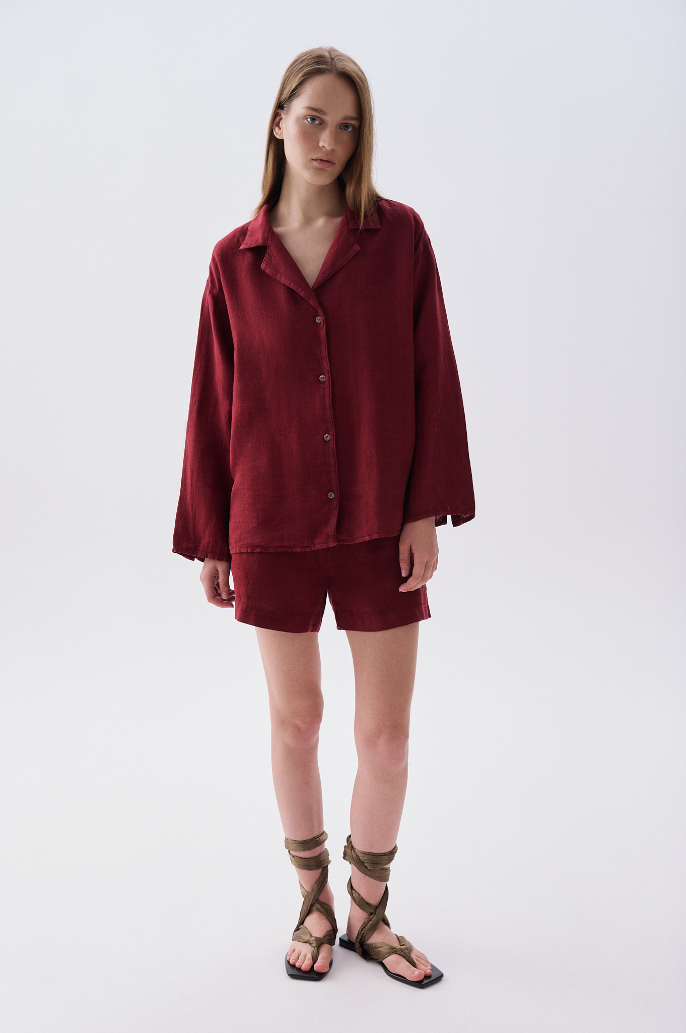 Kadın Bordo Relax Fit Keten Şort