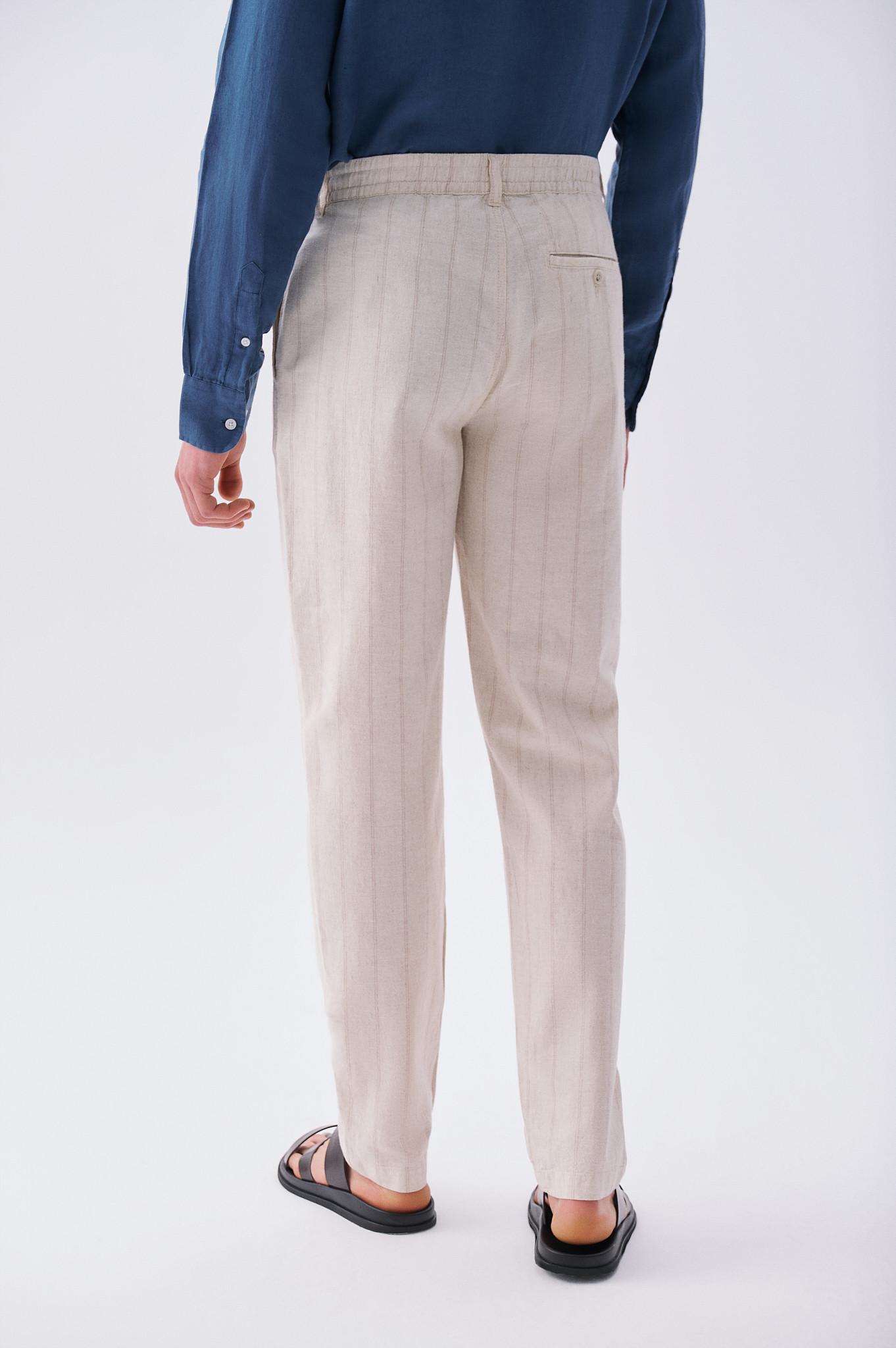 Erkek Bej Keten Karışımlı Straight Fit Chino Pantolon