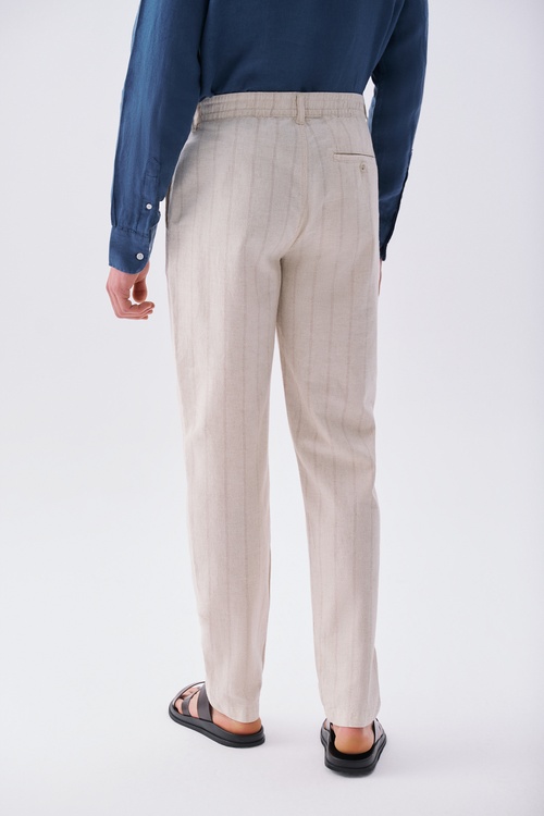Erkek Bej Keten Karışımlı Straight Fit Chino Pantolon