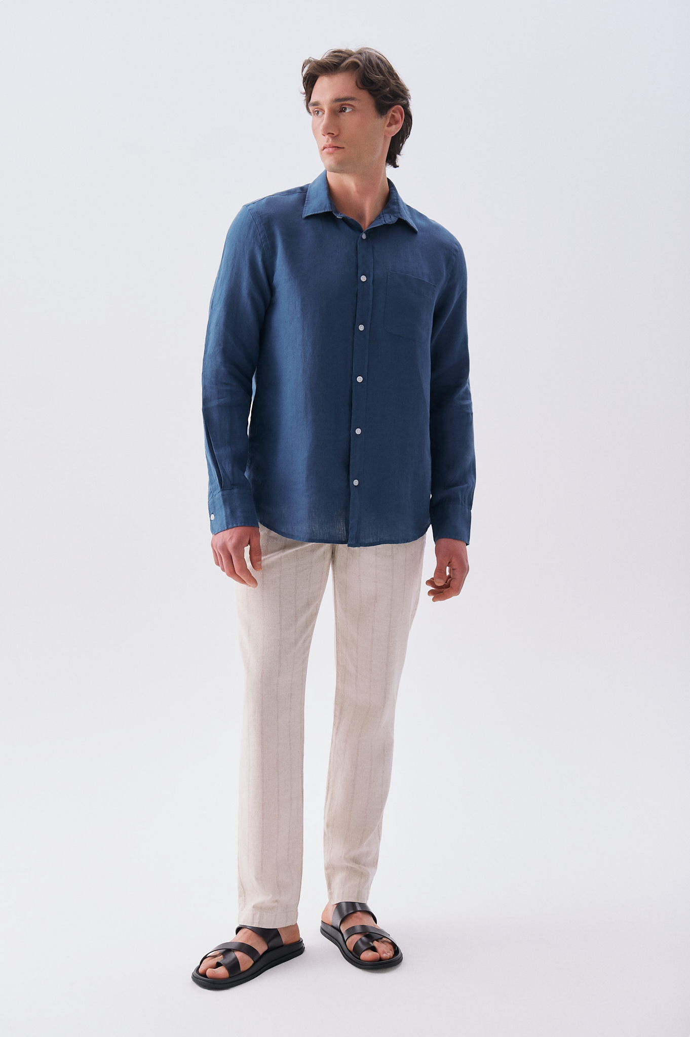 Erkek Bej Keten Karışımlı Straight Fit Chino Pantolon