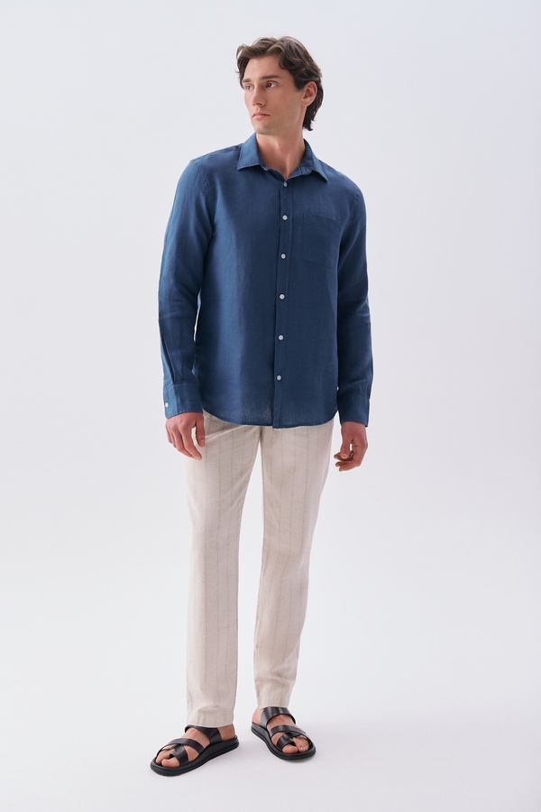 Erkek Bej Keten Karışımlı Straight Fit Chino Pantolon