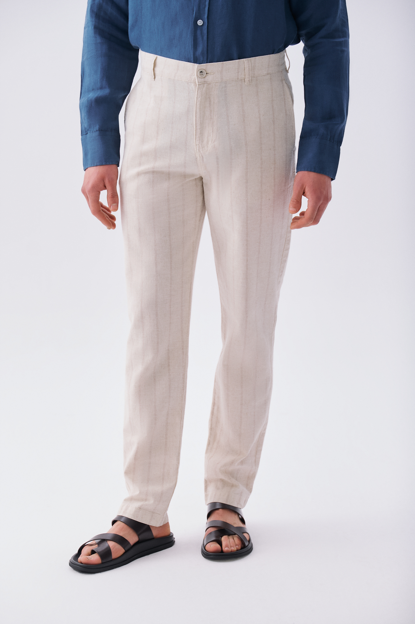 Erkek Bej Keten Karışımlı Straight Fit Chino Pantolon