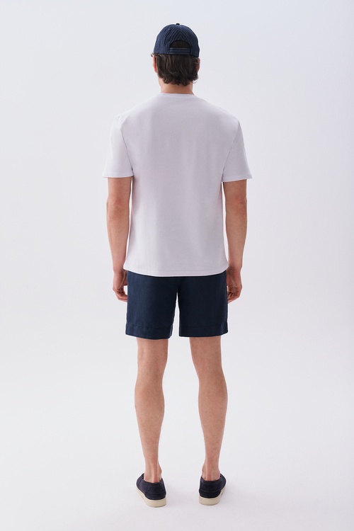 Erkek Lacivert Straight Fit Keten Karışımlı Şort