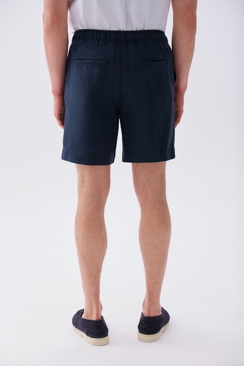 Erkek Lacivert Straight Fit Keten Karışımlı Şort
