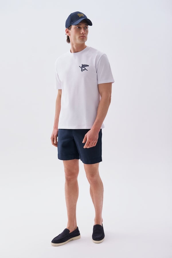Erkek Lacivert Straight Fit Keten Karışımlı Şort