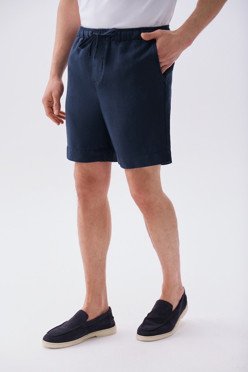 Erkek Lacivert Straight Fit Keten Karışımlı Şort
