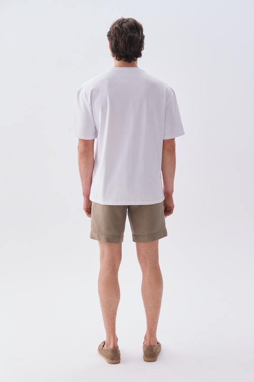 Erkek Beyaz Baskılı Oversize Bisiklet Yaka T-Shirt