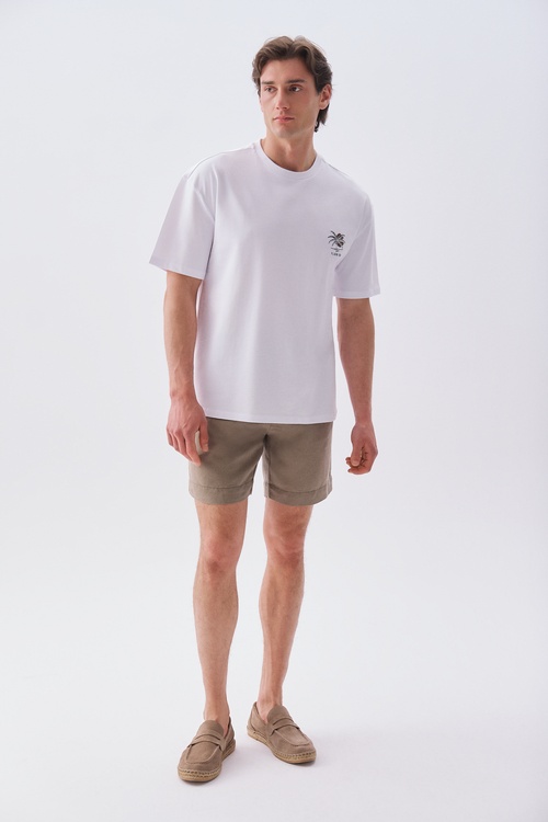 Erkek Vizon Rengi Straight Fit Keten Karışımlı Şort