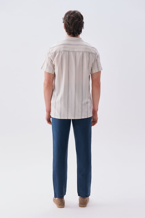  Erkek İndigo Straight Fit Keten Pantolon