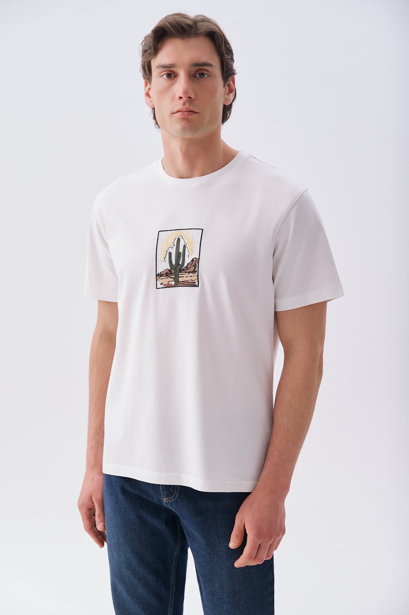 Erkek Taş Rengi Nakışlı Oversize Bisiklet Yaka T-Shirt