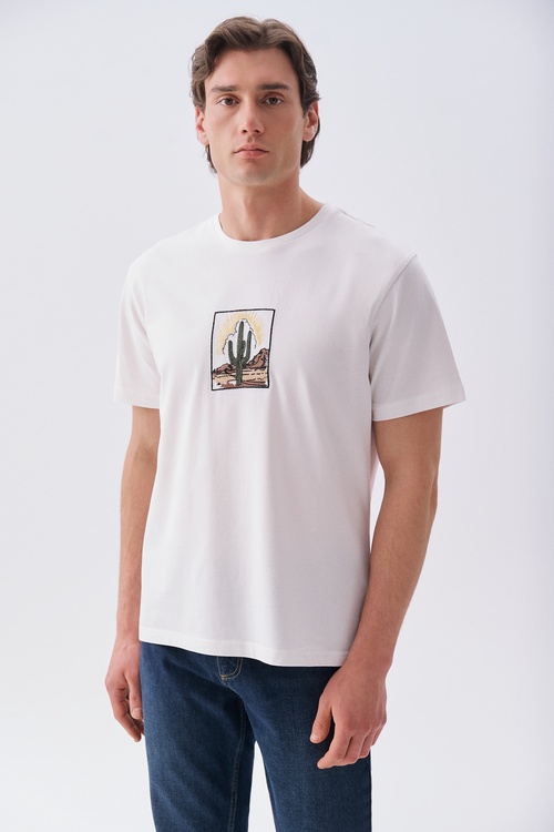 Erkek Taş Rengi Nakışlı Oversize Bisiklet Yaka T-Shirt