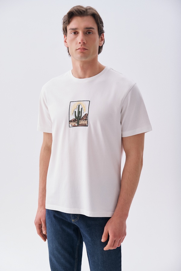 Erkek Taş Rengi Nakışlı Oversize Bisiklet Yaka T-Shirt