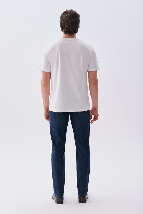Erkek Taş Rengi Nakışlı Oversize Bisiklet Yaka T-Shirt