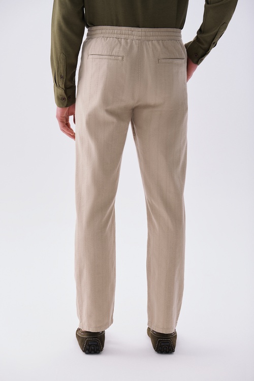 Erkek Bej Rengi Tekstürlü Straight Fit Chino Pantolon