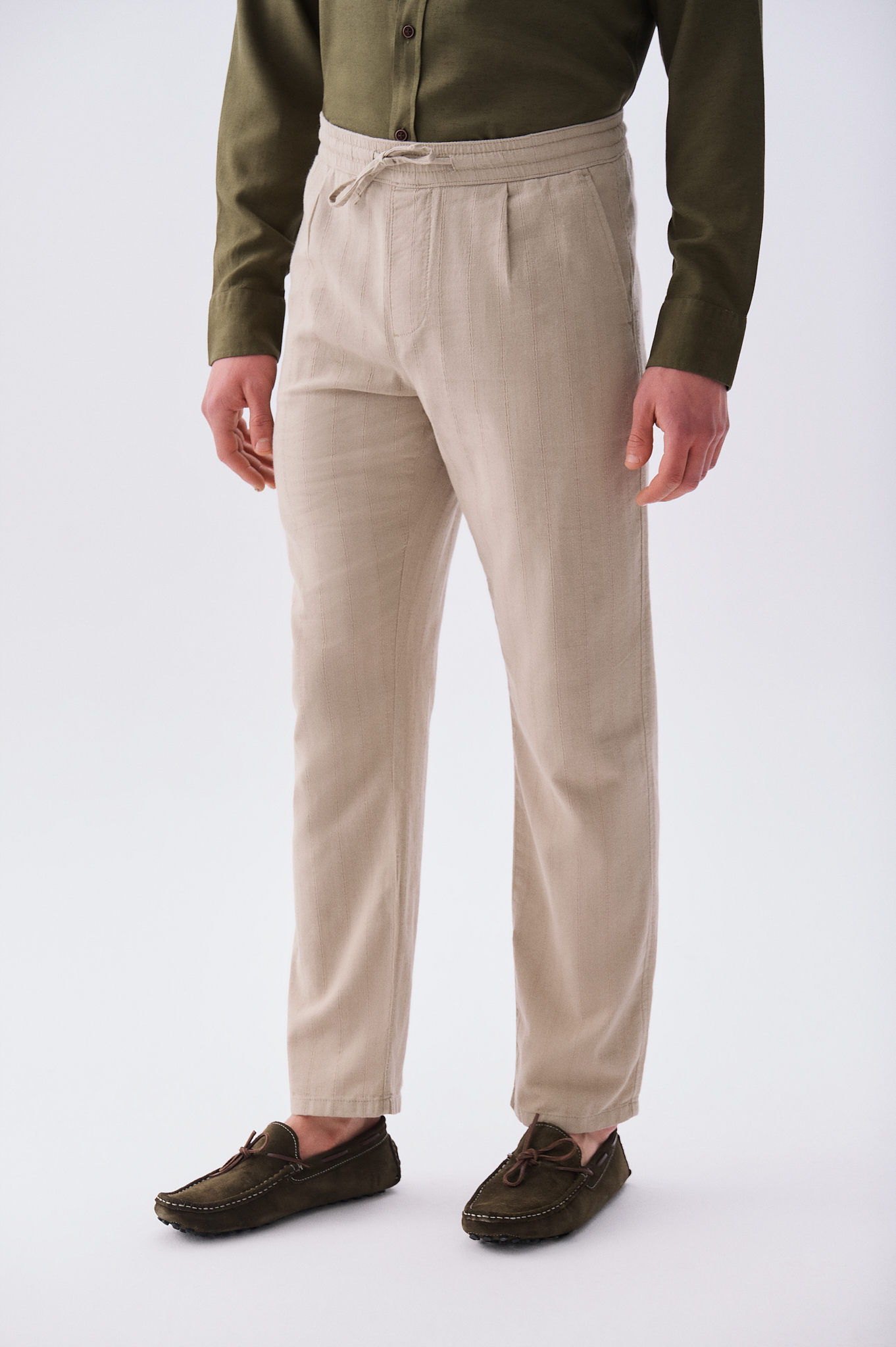 Erkek Bej Rengi Tekstürlü Straight Fit Chino Pantolon