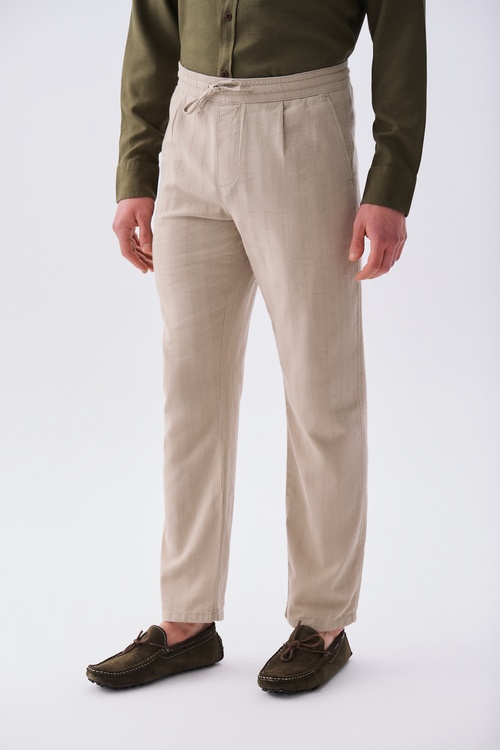 Erkek Bej Rengi Tekstürlü Straight Fit Chino Pantolon