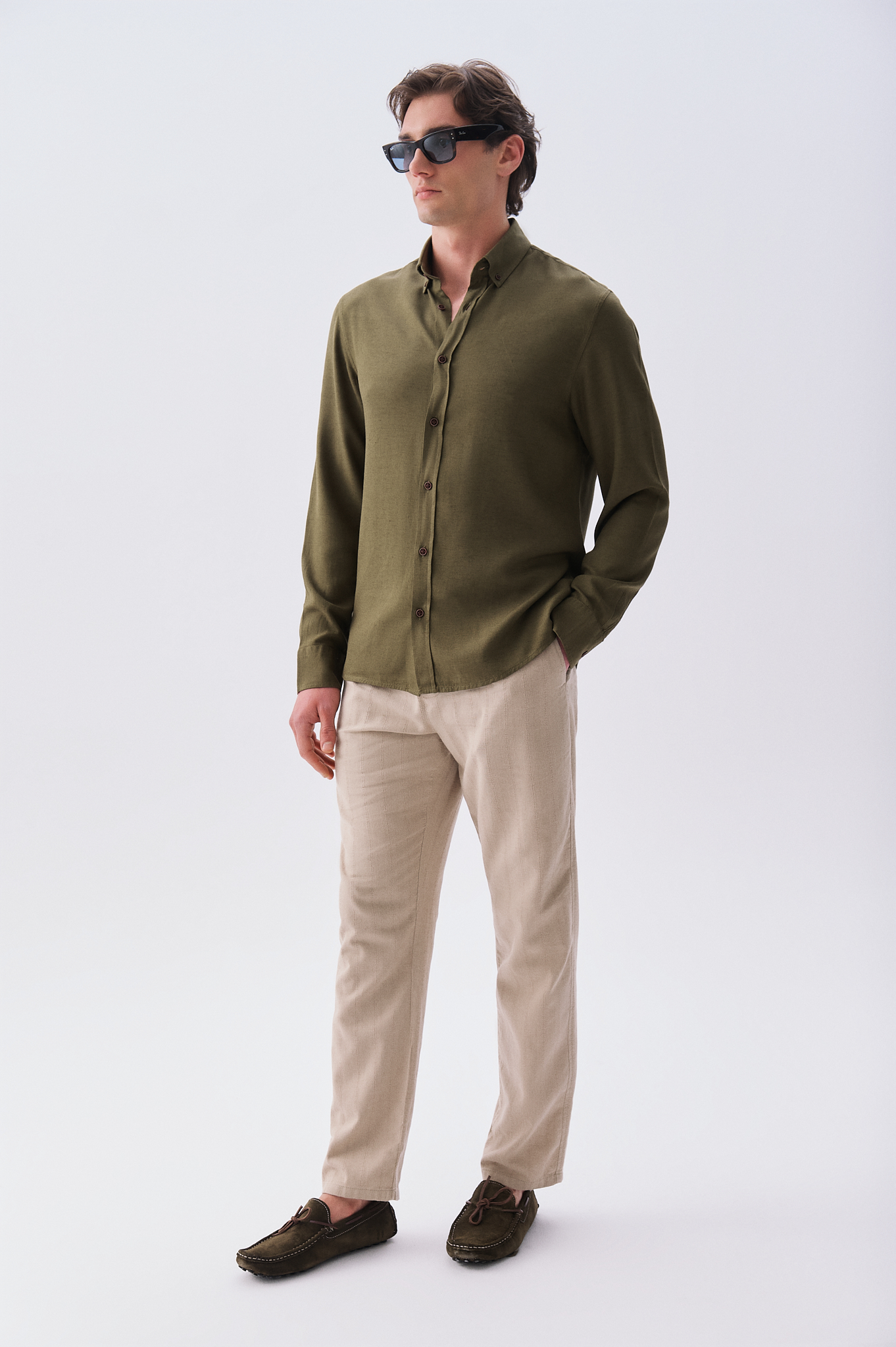 Erkek Bej Rengi Tekstürlü Straight Fit Chino Pantolon