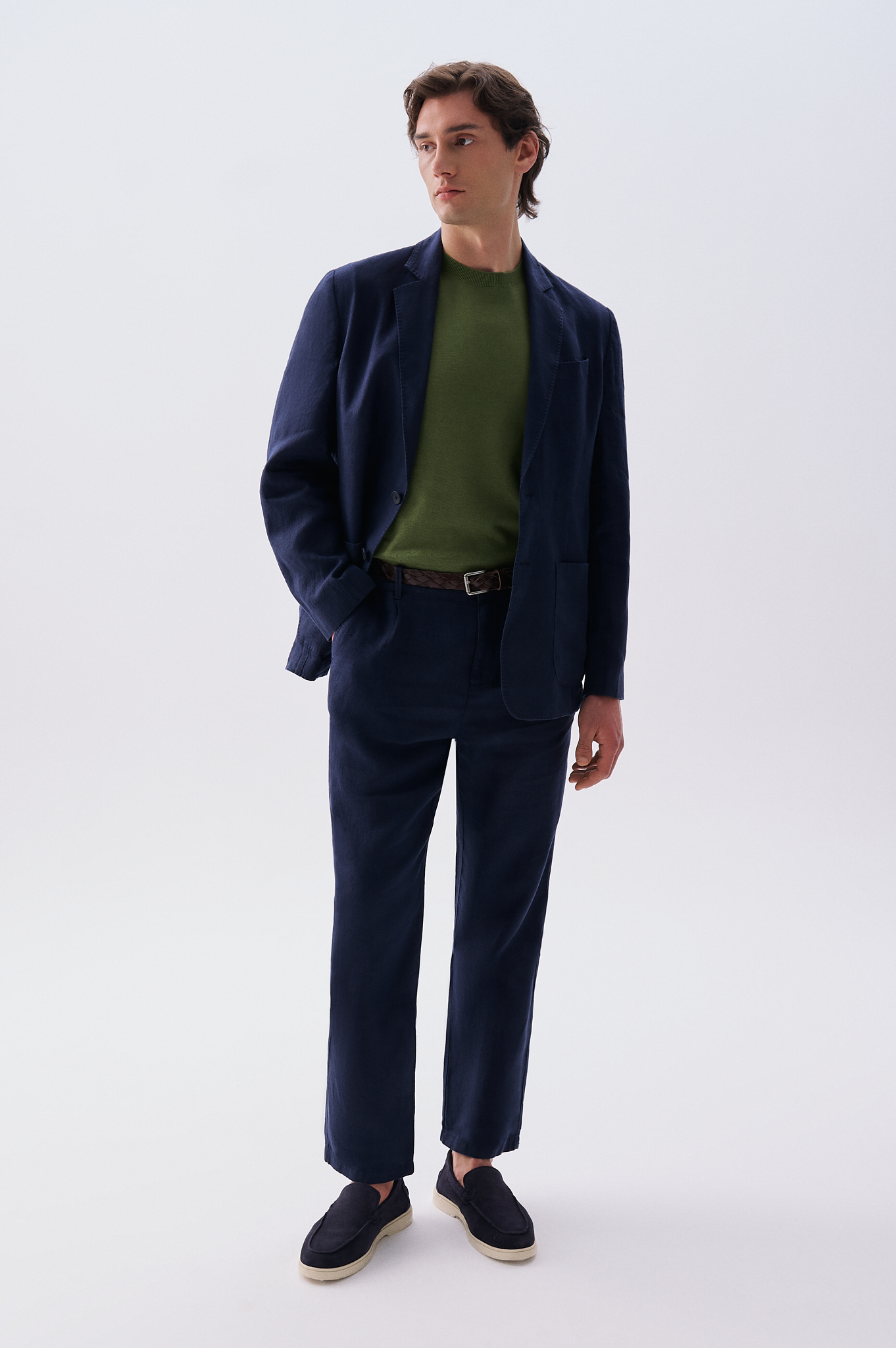 Erkek Lacivert Straight Fit Keten Pantolon