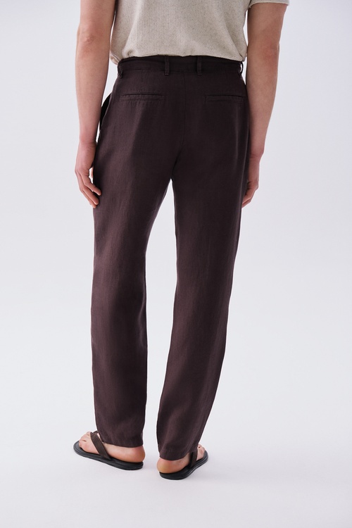 Erkek Kahverengi Straight Fit Keten Pantolon