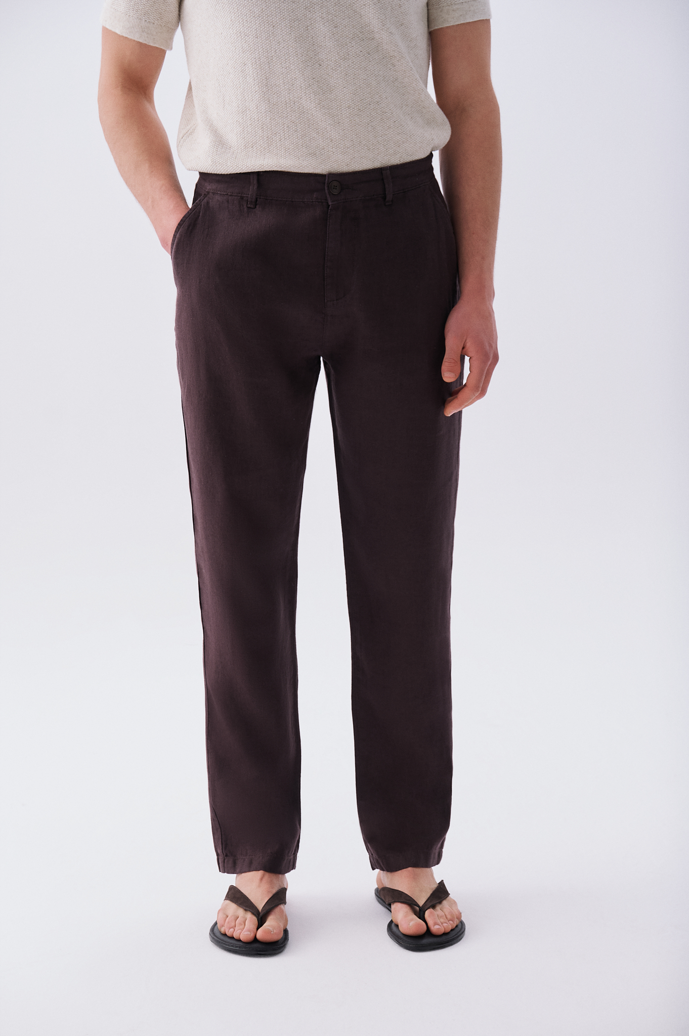 Erkek Kahverengi Straight Fit Keten Pantolon