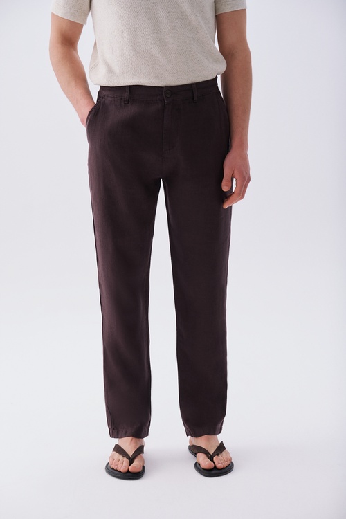 Erkek Kahverengi Straight Fit Keten Pantolon