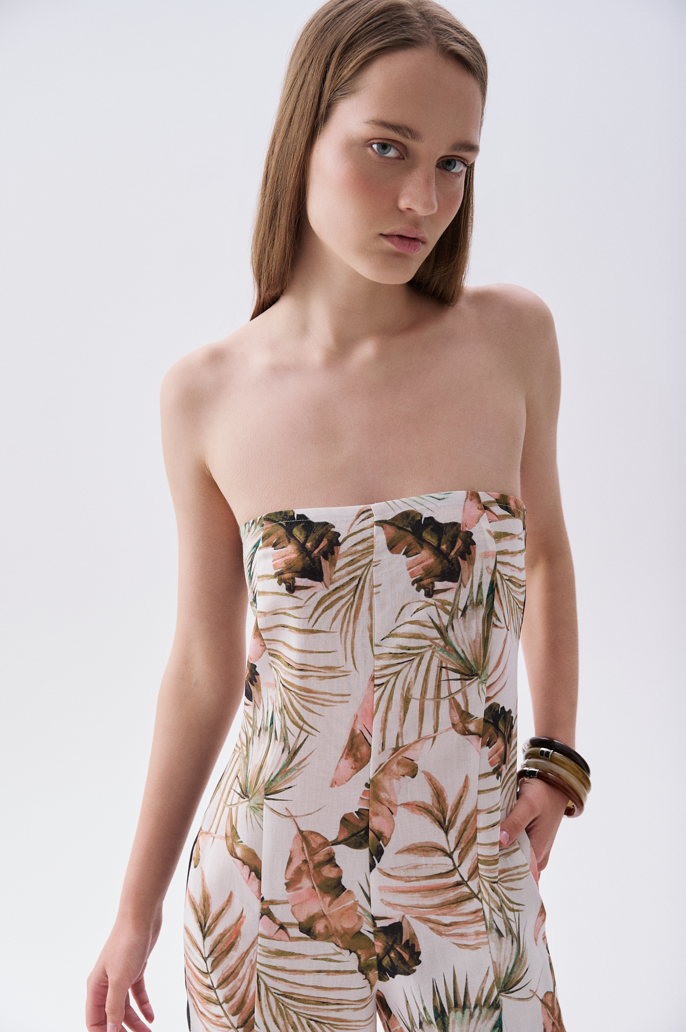 Kadın Yeşil Floral Desenli Uzun Straplez Tulum