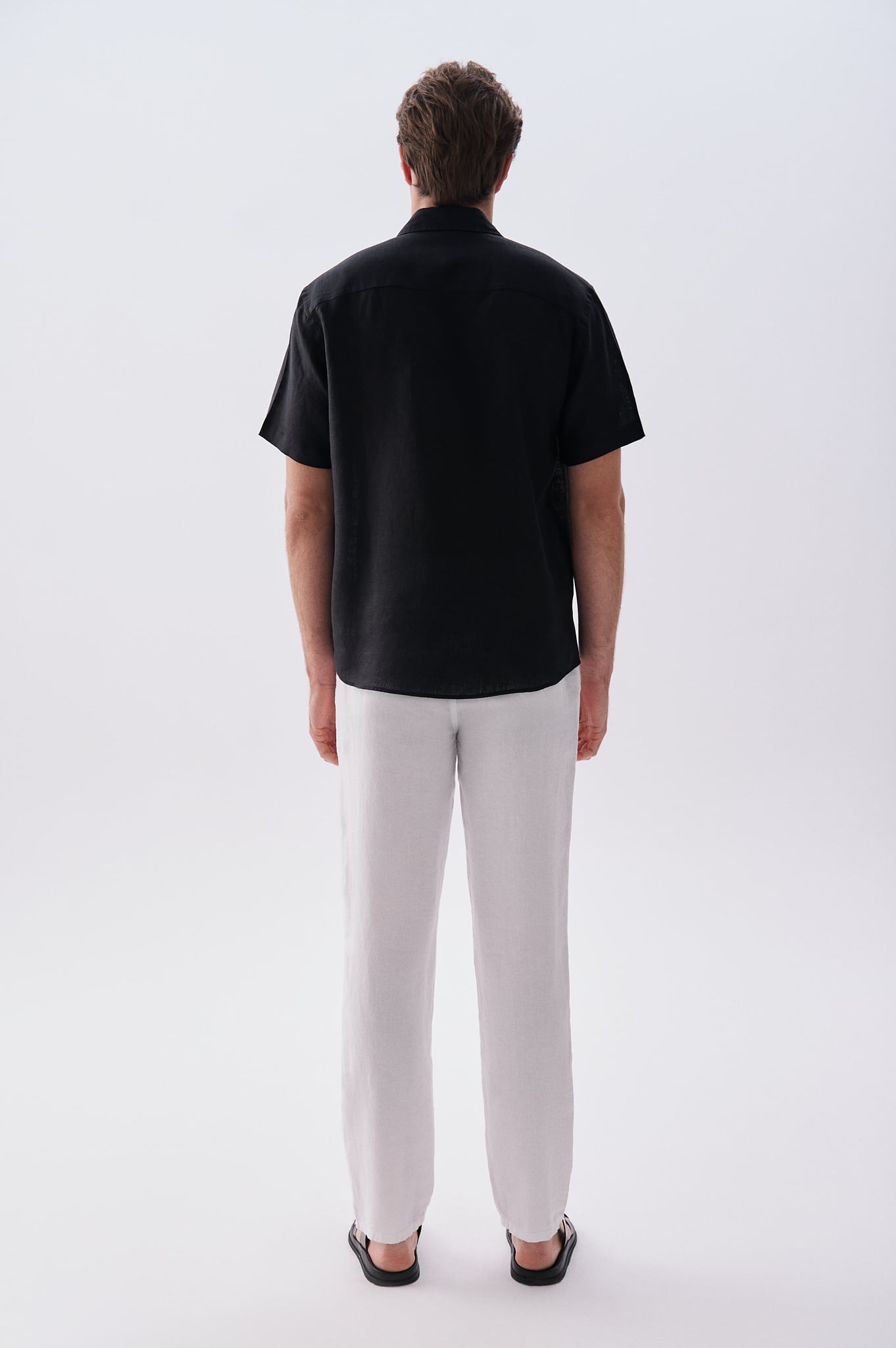 Erkek Siyah Regular Fit Kısa Kollu Keten Gömlek