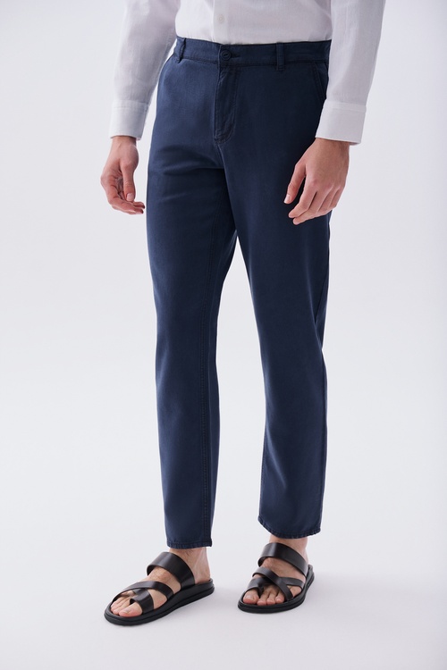 Erkek Lacivert Straight Fit Chino Pantolon