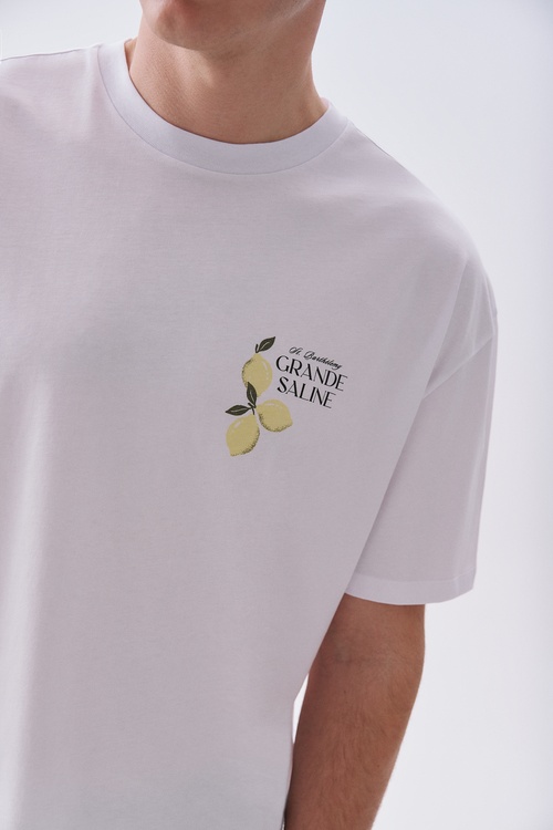 Erkek Beyaz Baskılı Oversize Bisiklet Yaka T-Shirt