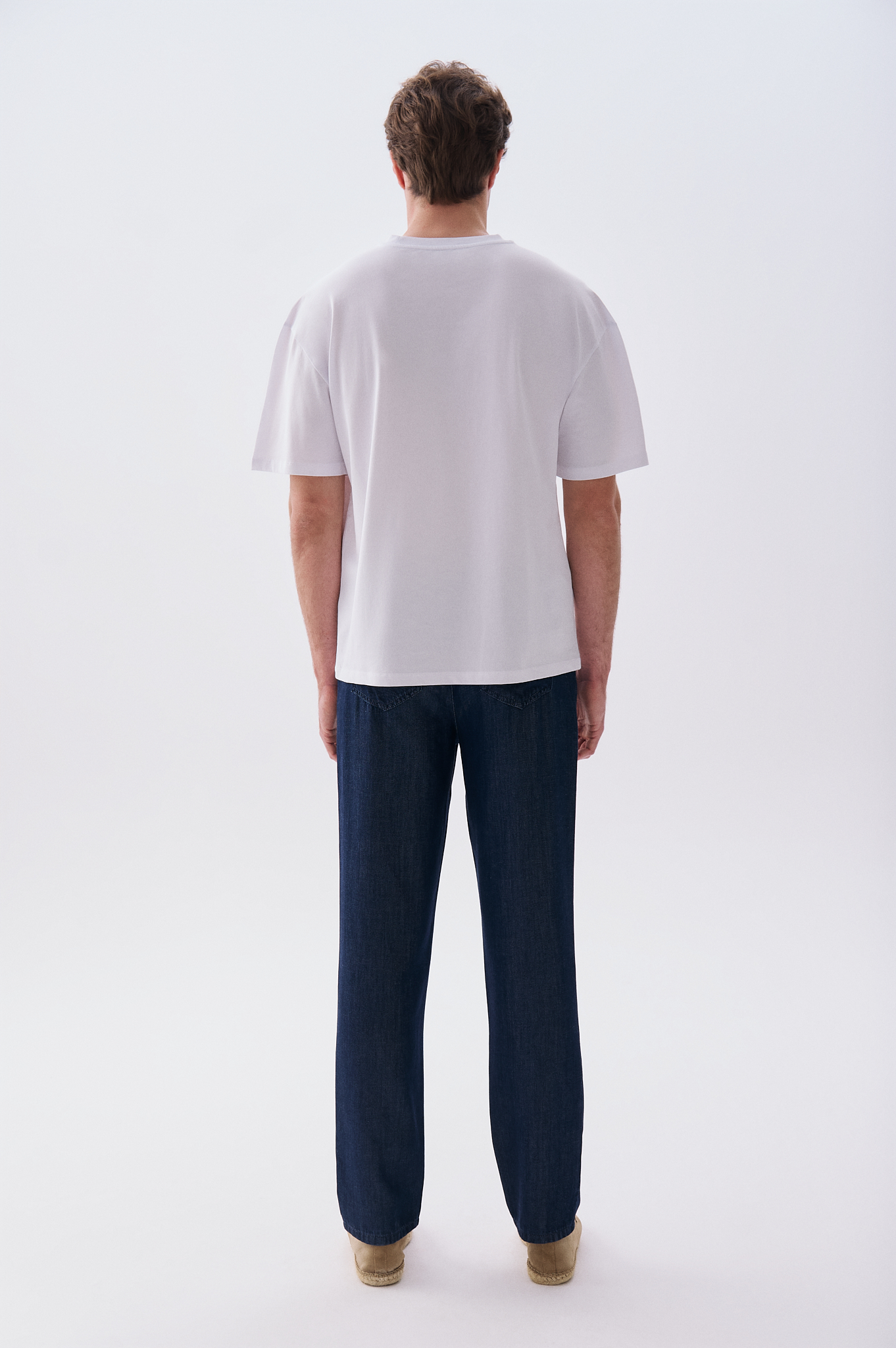 Erkek Beyaz Baskılı Oversize Bisiklet Yaka T-Shirt