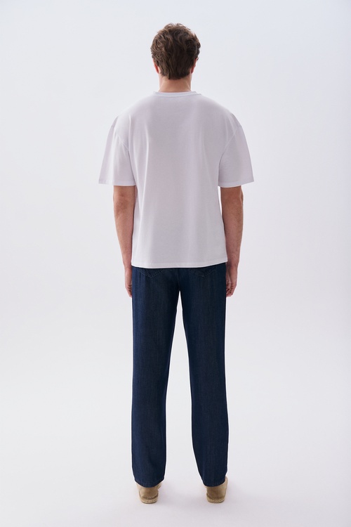 Erkek Beyaz Baskılı Oversize Bisiklet Yaka T-Shirt