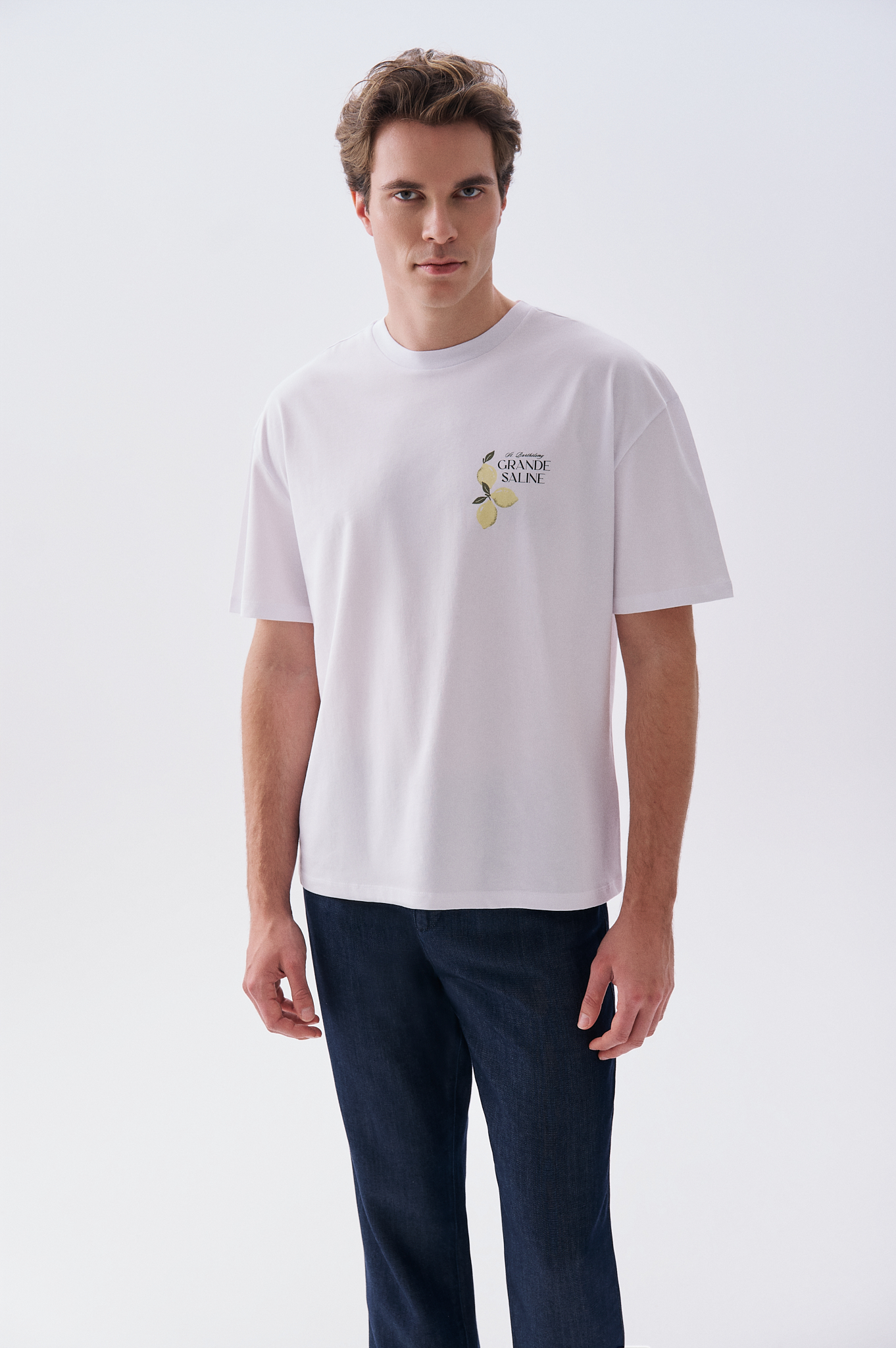Erkek Beyaz Baskılı Oversize Bisiklet Yaka T-Shirt