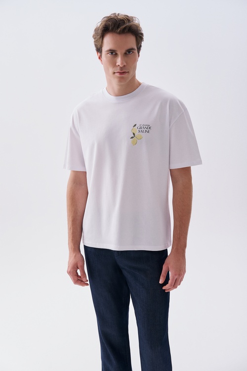 Erkek Beyaz Baskılı Oversize Bisiklet Yaka T-Shirt