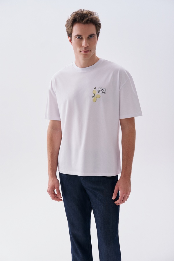 Erkek Beyaz Baskılı Oversize Bisiklet Yaka T-Shirt
