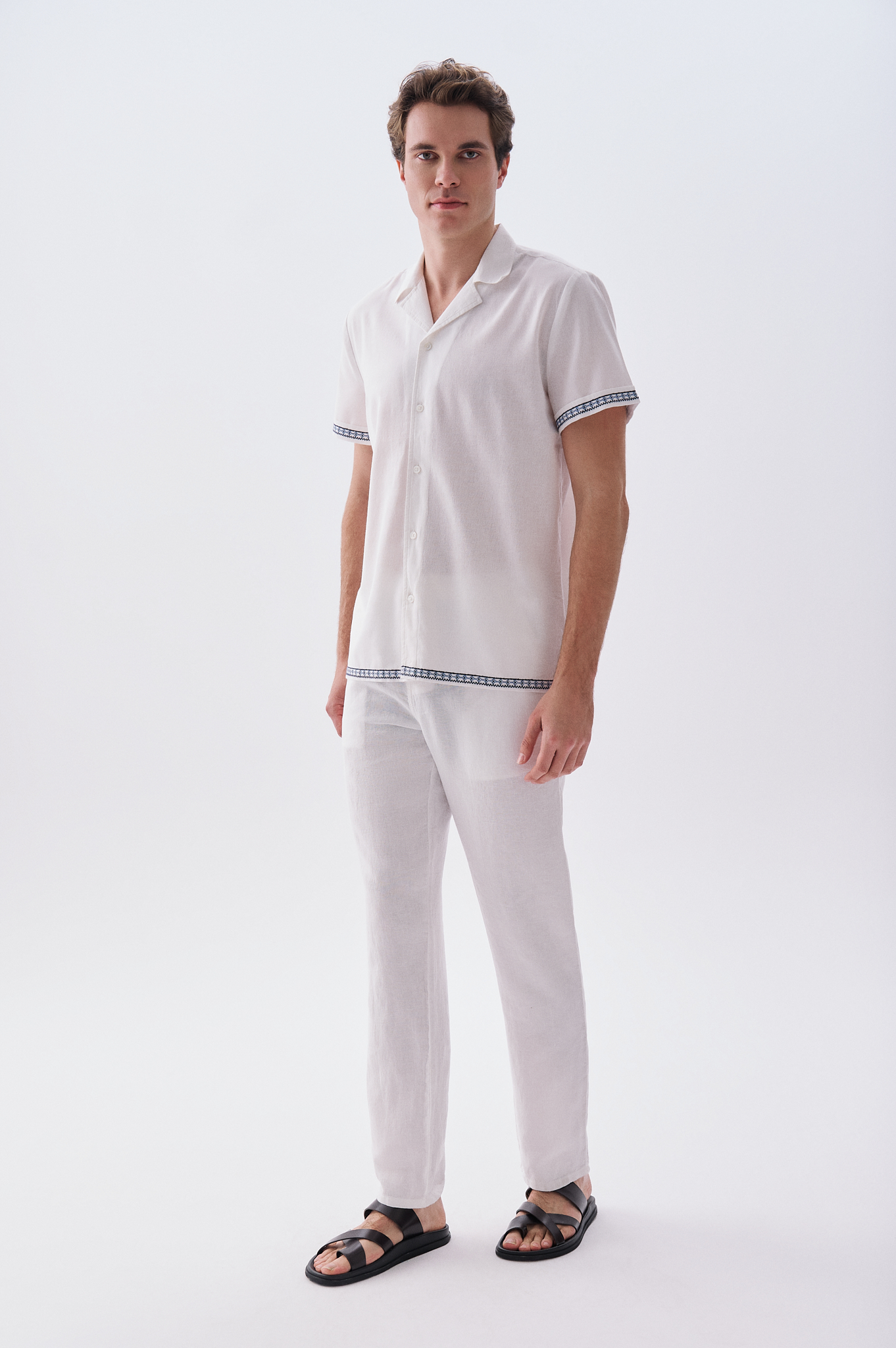 Erkek Beyaz Straight Fit Keten Pantolon