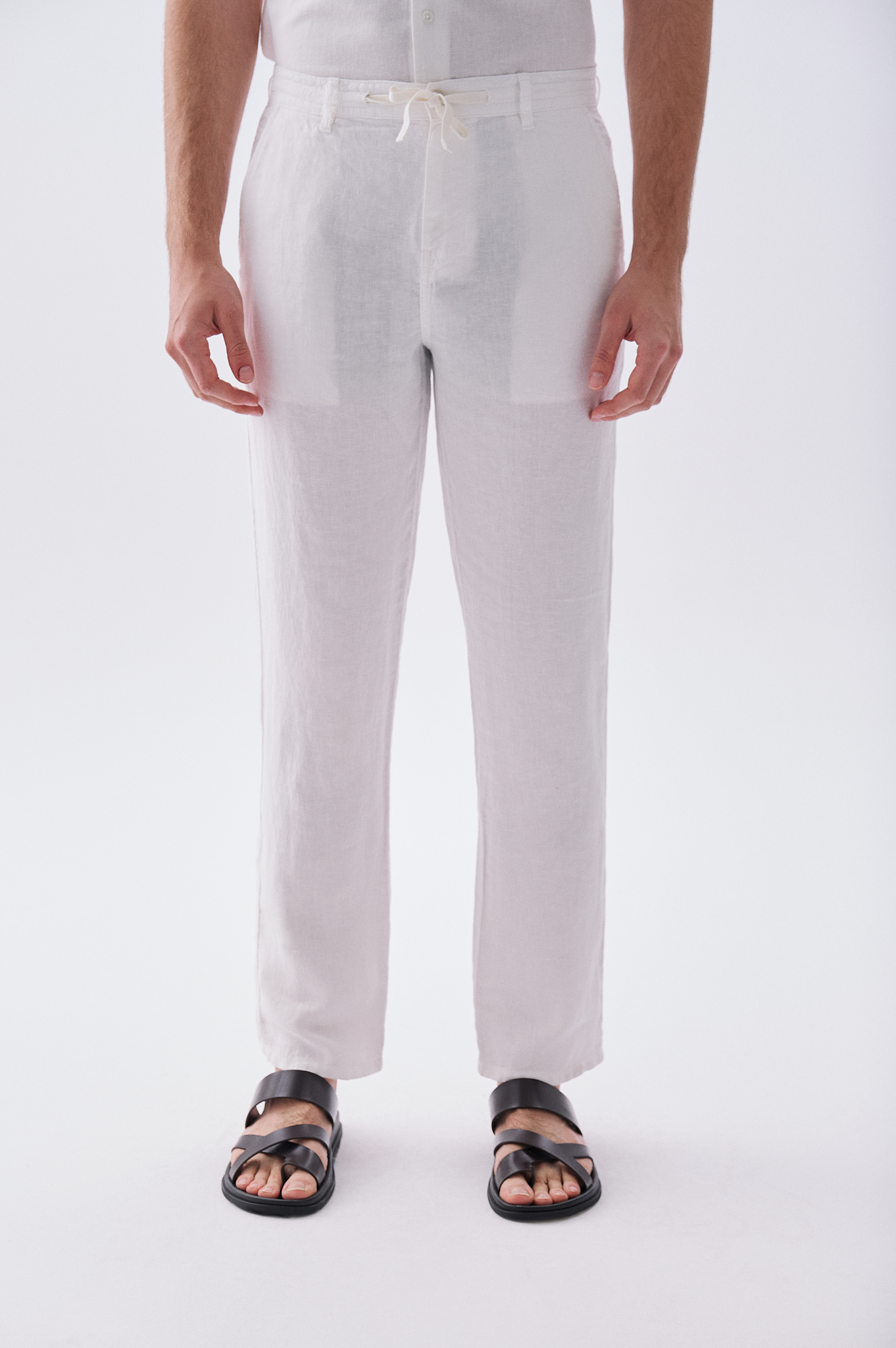 Erkek Beyaz Straight Fit Keten Pantolon