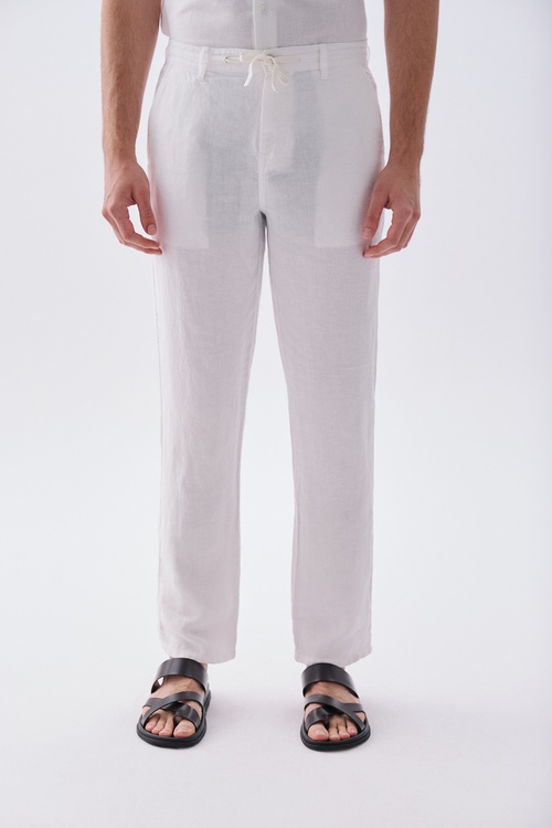  Erkek Beyaz Straight Fit Keten Pantolon