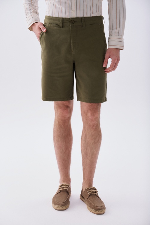 Erkek Haki Straight Fit Chino Şort