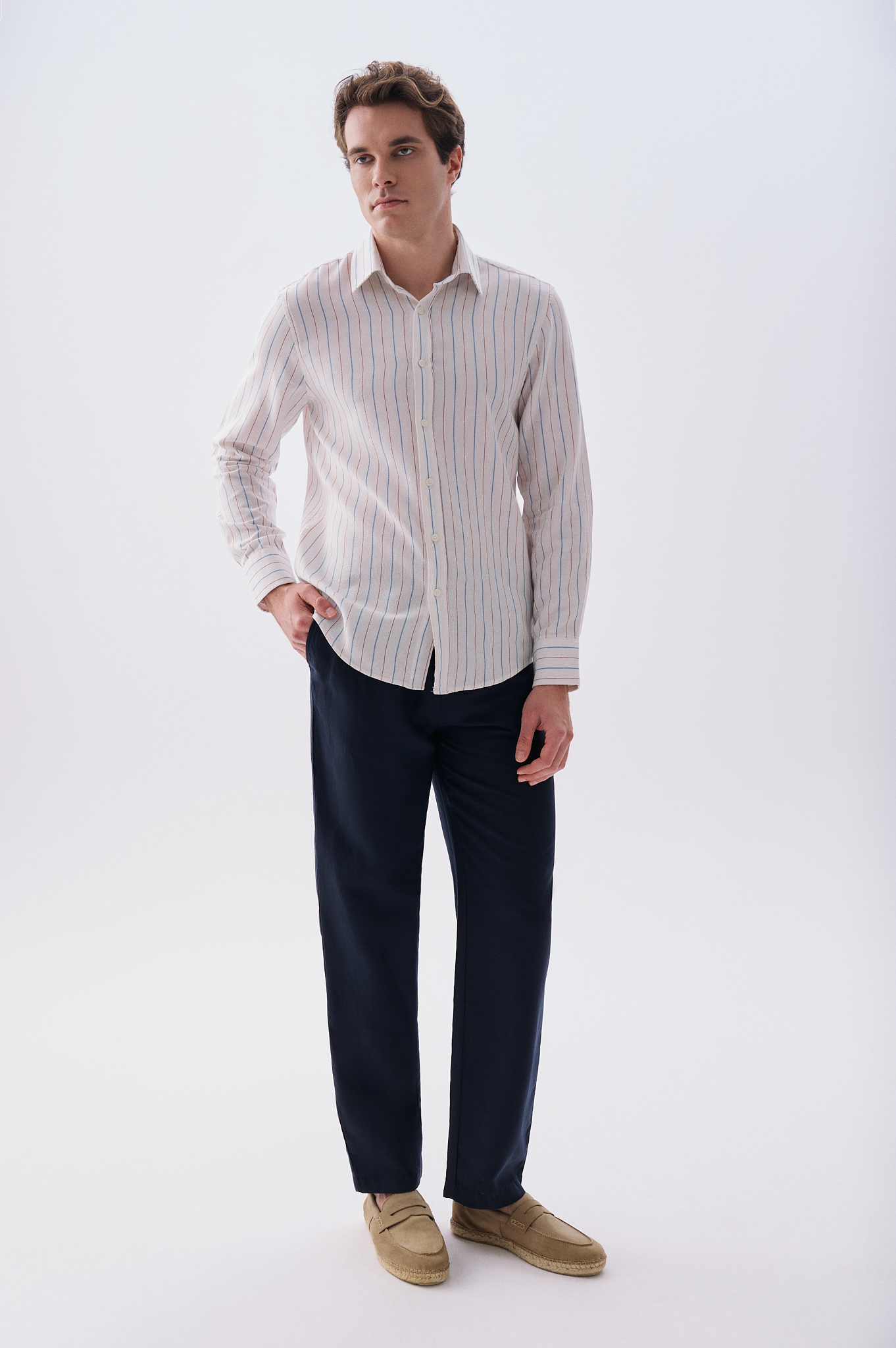 Erkek Lacivert Loose Fit Beli Bağlamalı Chino Pantolon