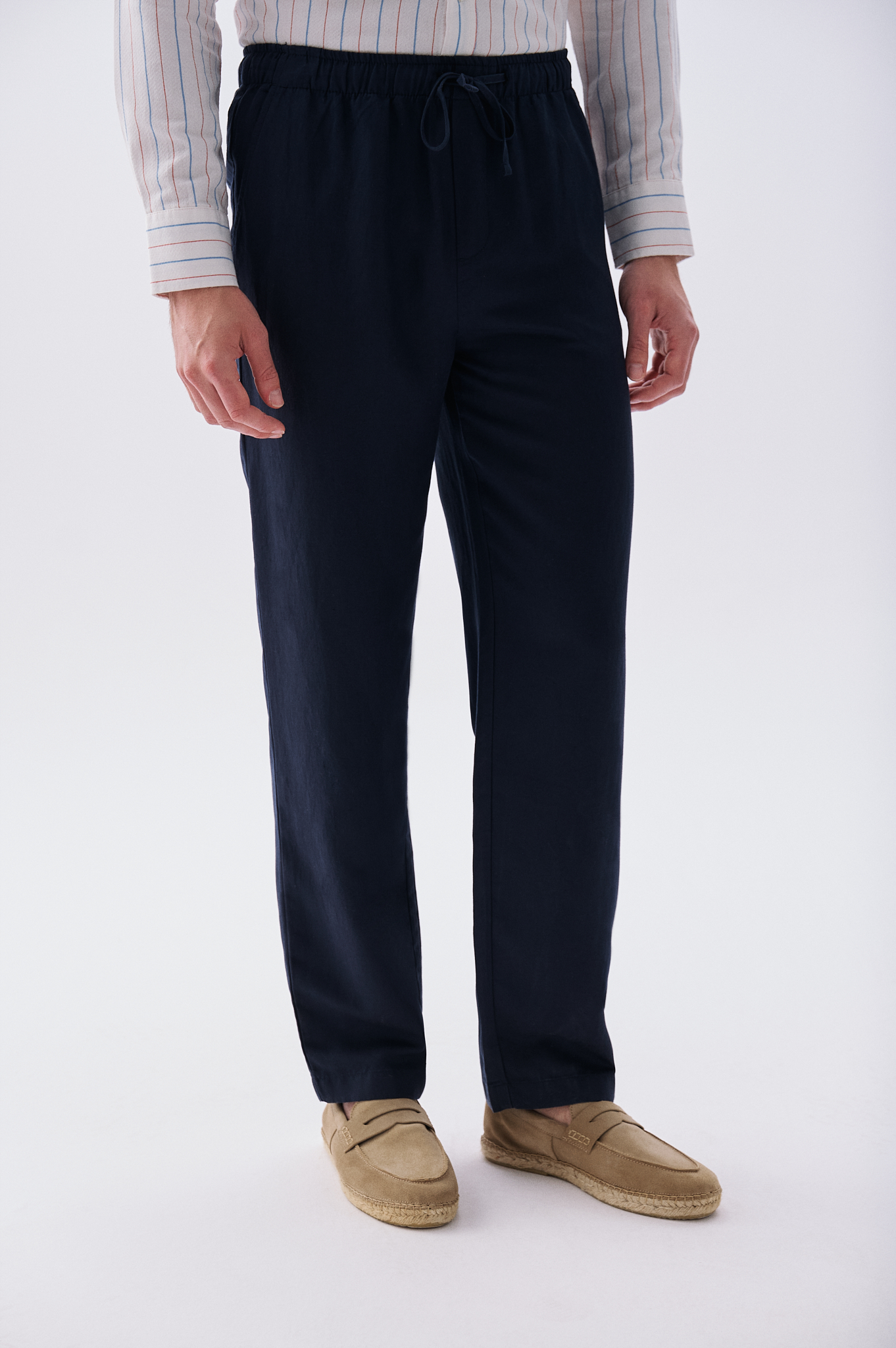 Erkek Lacivert Loose Fit Beli Bağlamalı Chino Pantolon