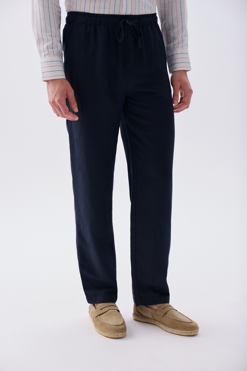 Erkek Lacivert Loose Fit Beli Bağlamalı Chino Pantolon